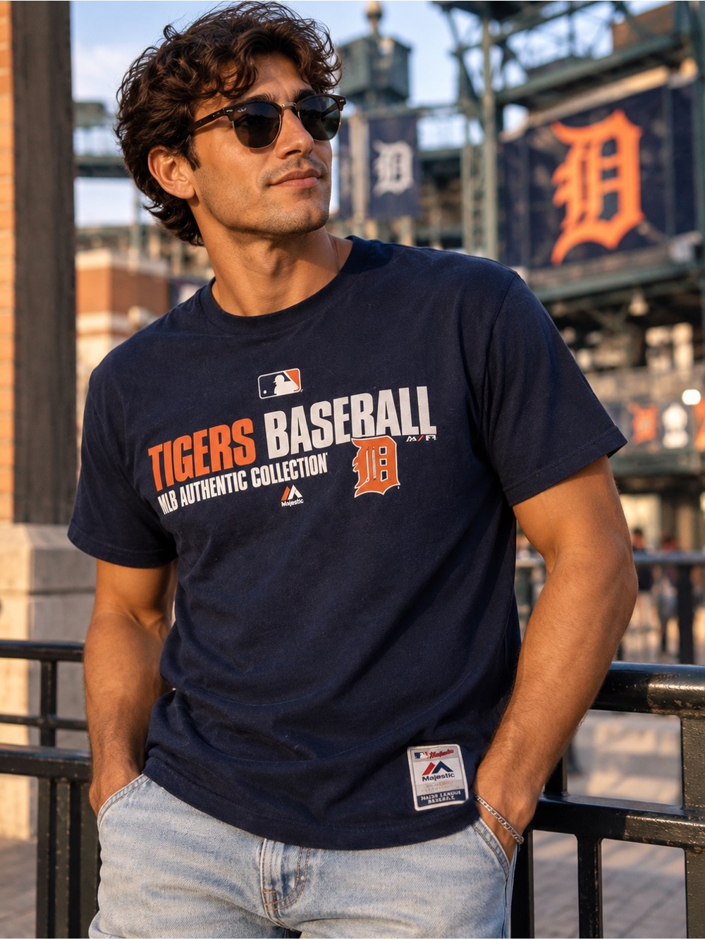 Majestic Detroit Tigers MLB Baseball Graphic Tee Navy Men’s L Retro Y2K